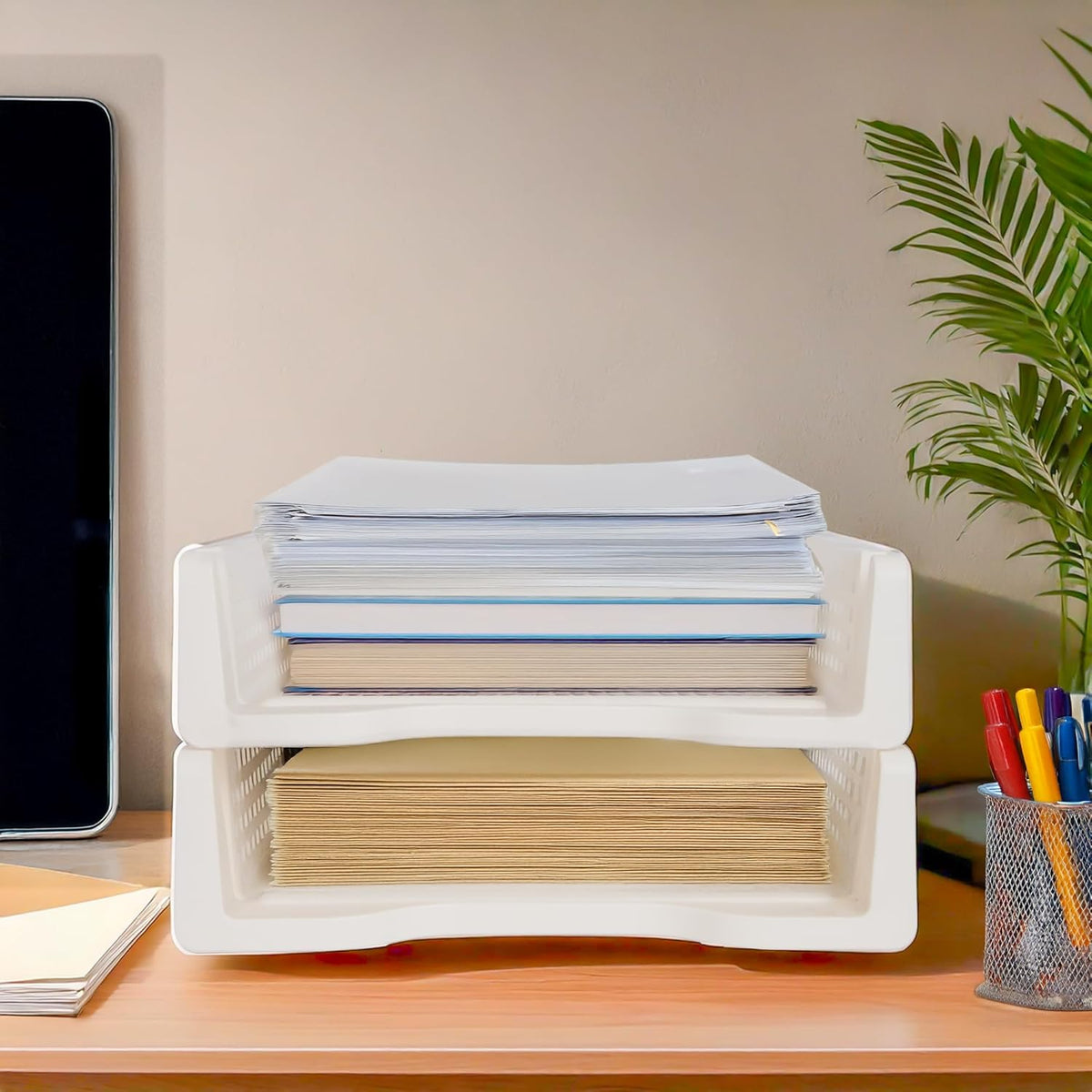 Letter Tray Desk Organizer – Stackable Paper Organizer for Home & Office, Durable Plastic Paper Tray for Desk, A4 & Letter-Size Document Holder (White)