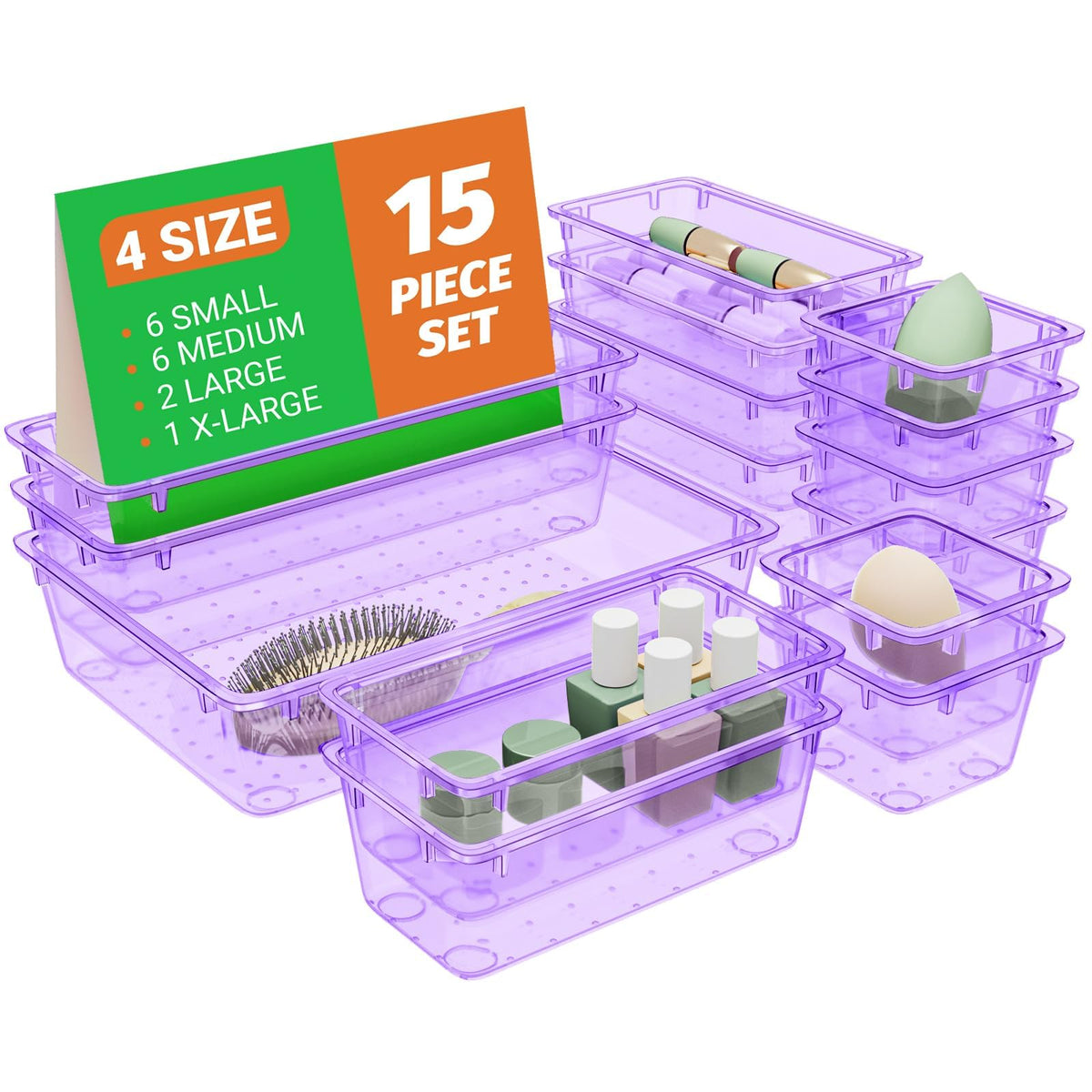 SpaceHacks 15 PCS Plastic Drawer Organizer Set, Drawer Storage Trays