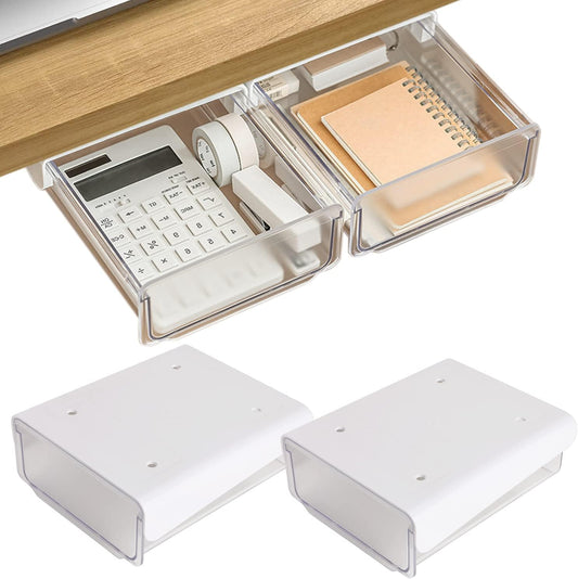 OSPNIEEK Self-adhesive Under Desk Drawer Organizer, 2 Pack Table Hidden Slide Out Large Storage Mounted Desktop Pencil Holder Tray Drawers for Office Home School Stationery Kitchen (White)