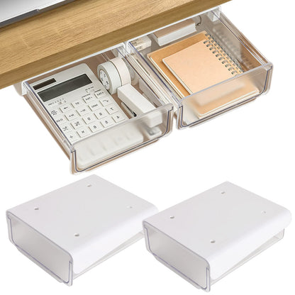 OSPNIEEK Self-adhesive Under Desk Drawer Organizer, 2 Pack Table Hidden Slide Out Large Storage Mounted Desktop Pencil Holder Tray Drawers for Office Home School Stationery Kitchen (White)