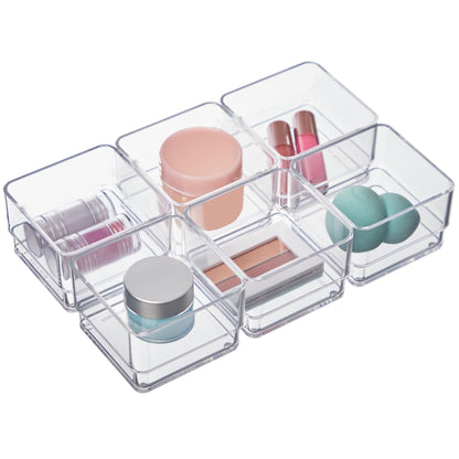 STORi SimpleSort 6-Piece Stackable Clear Drawer Organizer Set | 12" x 3" x 2" Rectangle Trays | Narrow Makeup Vanity Storage Bins and Office Desk Drawer Dividers | Made in USA