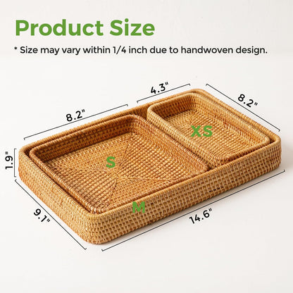 Rattan Serving Tray,Rectangle Wicker Storage Basket Set of 3 for Organizing