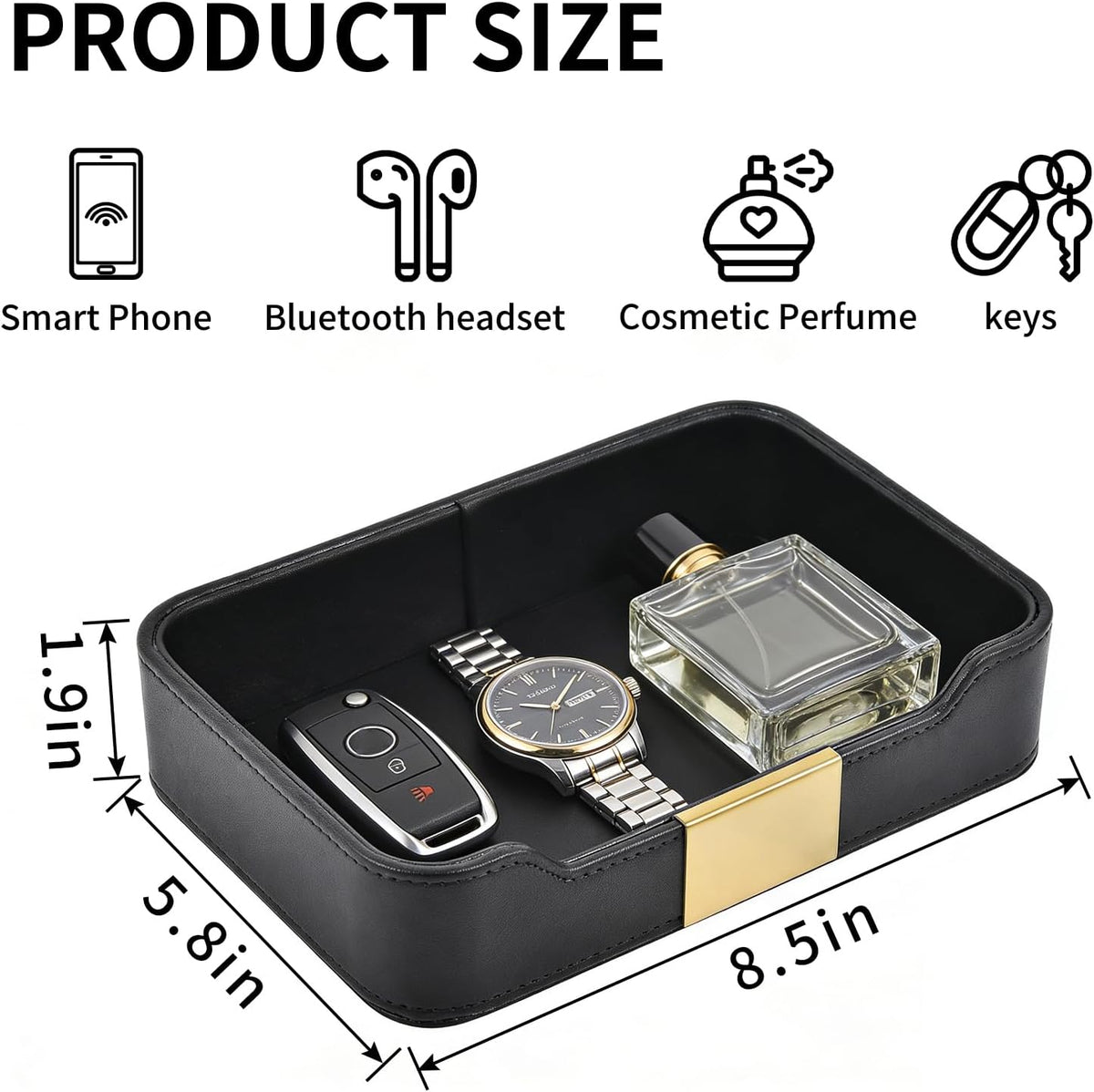 Luxury Leather Valet Tray Desktop Storage Organizer,Bedside Vanity Catchall Tray Nightstand Caddy Holder for Cosmetic,Jewelry,Watch,Keys,Phone,Wallet,Remote Controller,Pen,Black
