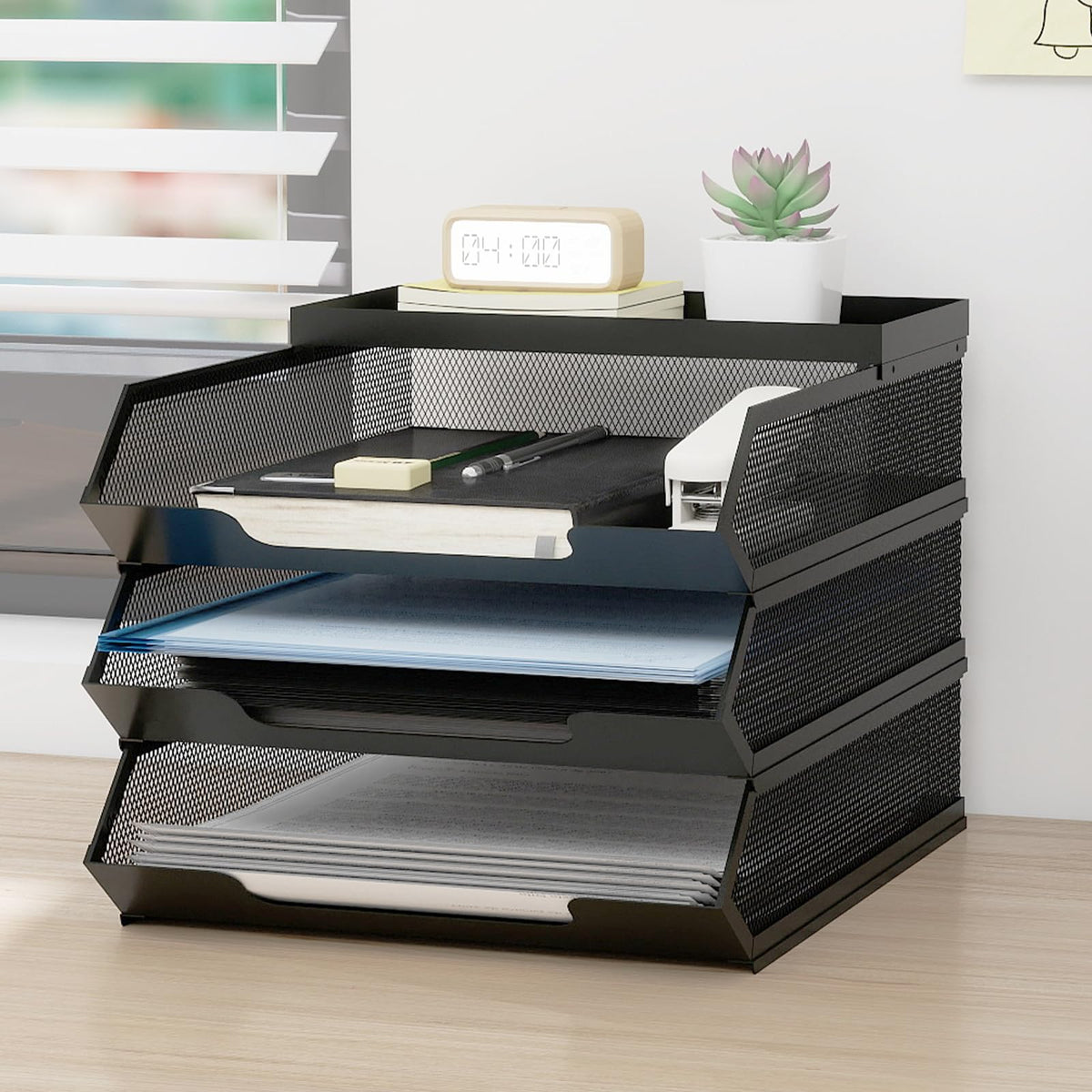 Natwind 2-Tier Stackable Metal Mesh Paper Organizer with Sliding Tray,Black