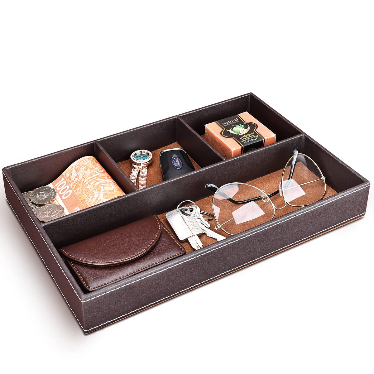 GORESE 2 Pieces Faux Leather Valet Tray for Men, Stackable Jewelry Organizer for Drawers, Nightstand Caddy Tray for Key, Wallet, Sunglass, Watch, Coin, Phone, Bedside Desk-top Storage Black