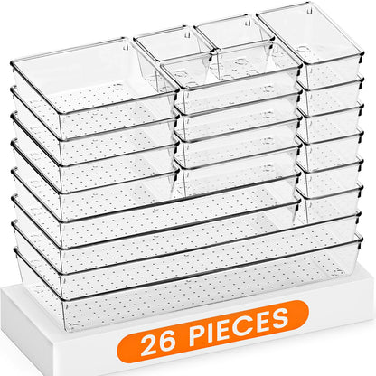 Criusia Drawer Organizer, 10 Pack Large Clear Plastic Set, 3 Size Versatile Bathroom and Vanity Organizer Trays, Storage Bins for Makeup, Bedroom, Kitchen Utensils