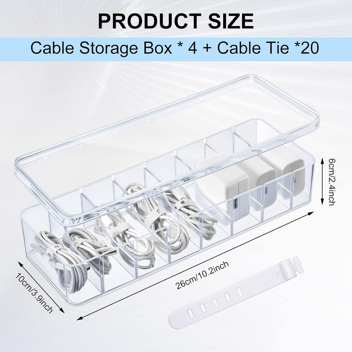Tatuo Cord Organizer Box with Lid, Clear, 4 Pack