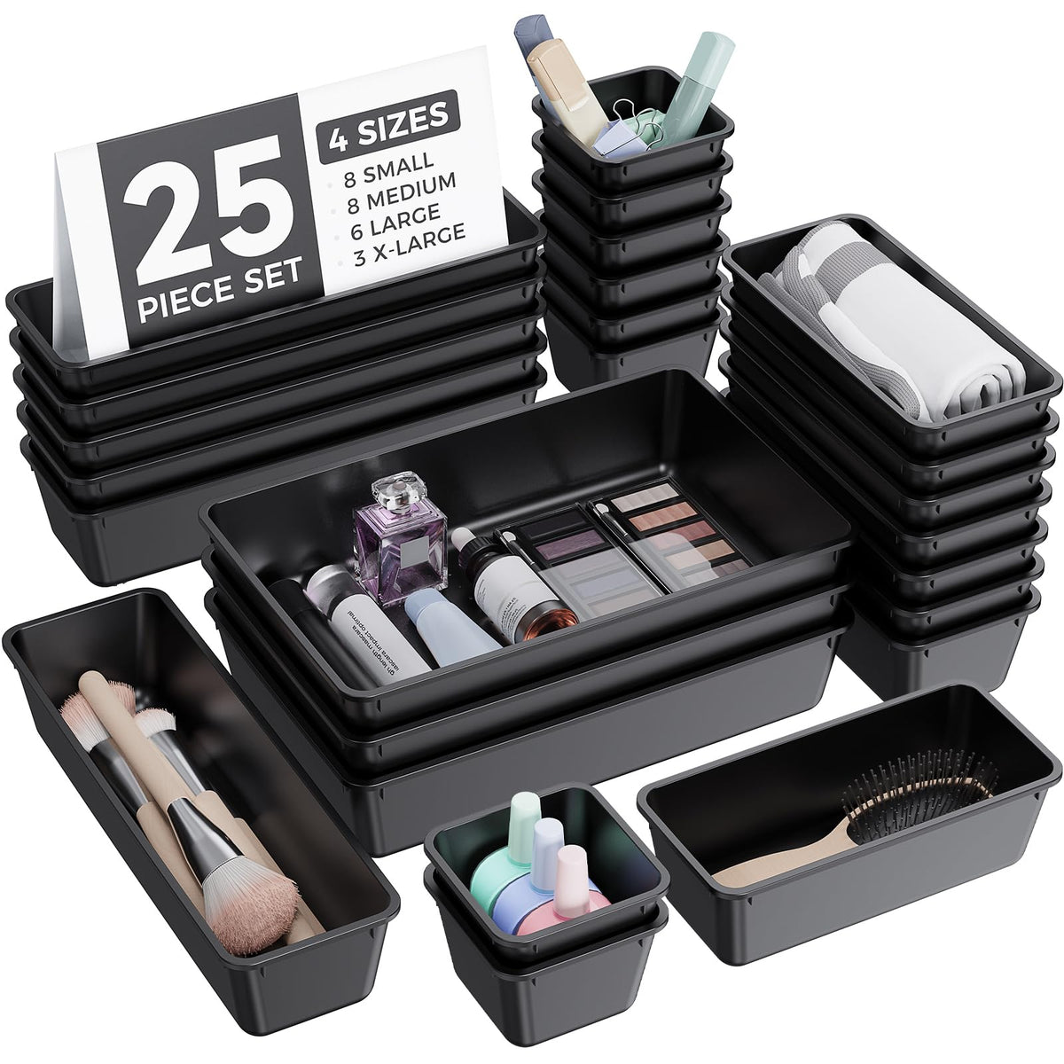 BiuLeon 25 PCS Plastic Drawer Organizers Set, 4-Sizes Vanity and Makeup Organizer, Desk and bathroom Drawer Organizer Trays, Organizers and Storage for Makeup, Jewelry, Gadgets, Utensils (Pink)