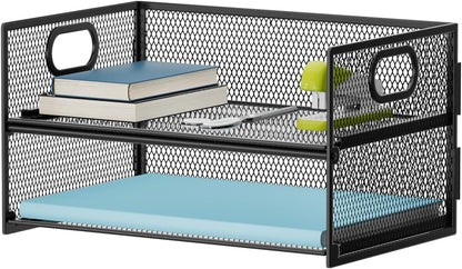 Marbrasse 2 Tier Paper Organizer Letter Tray, Mesh File Organizer with Handle, Paper Sorter Desk Organizer for Home Office Supplies - Black