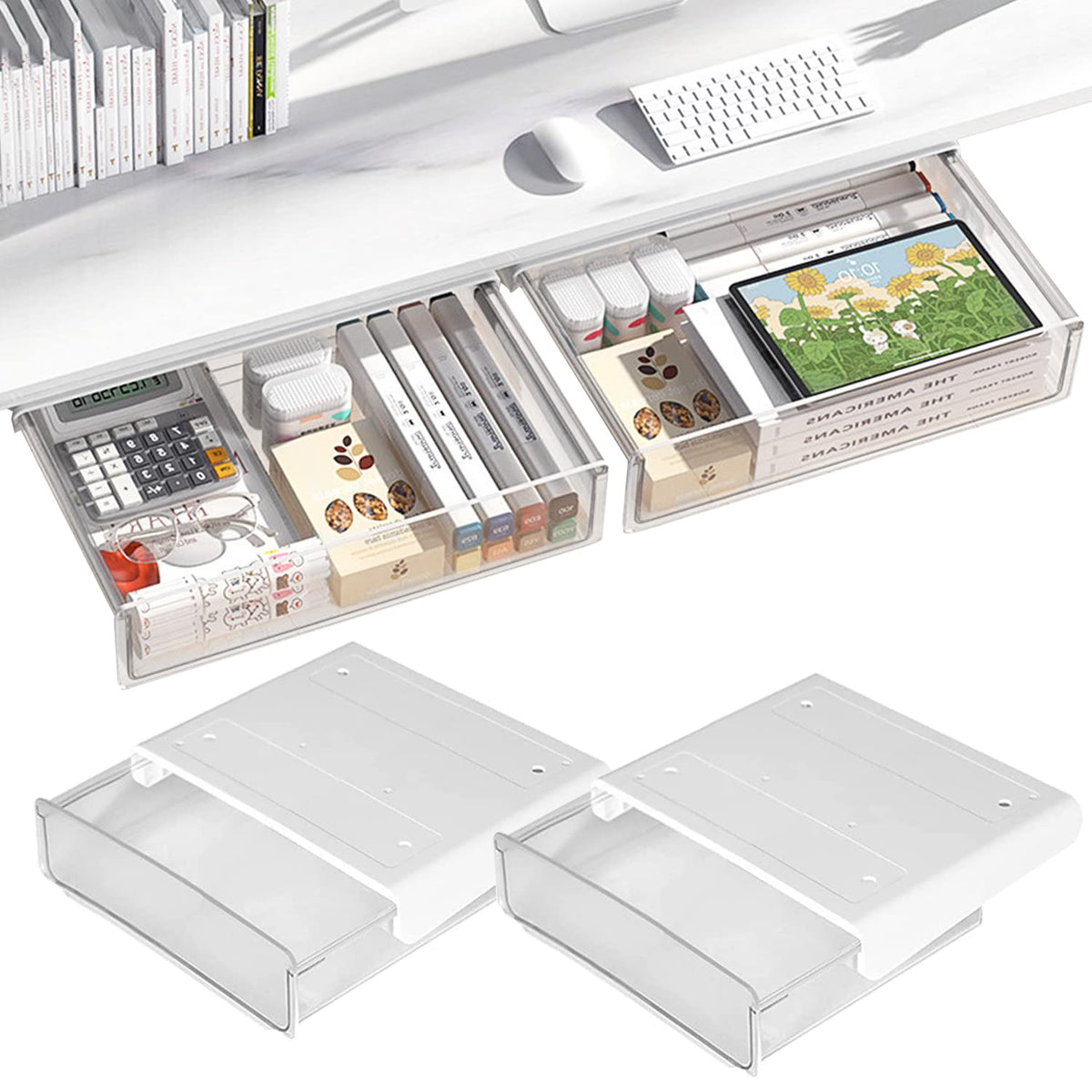 OSPNIEEK Self-adhesive Under Desk Drawer Organizer, 2 Pack Table Hidden Slide Out Large Storage Mounted Desktop Pencil Holder Tray Drawers for Office Home School Stationery Kitchen (White)