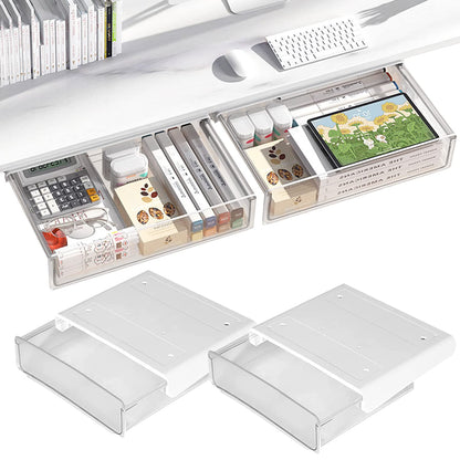 OSPNIEEK Self-adhesive Under Desk Drawer Organizer, 2 Pack Table Hidden Slide Out Large Storage Mounted Desktop Pencil Holder Tray Drawers for Office Home School Stationery Kitchen (White)