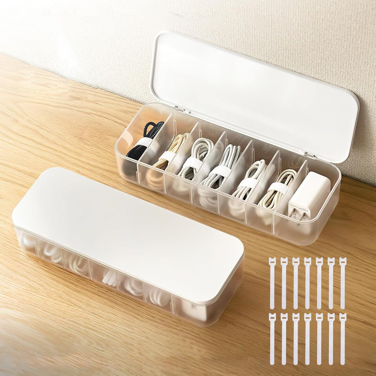 PAVSTINE 2 Pcs Cable Organizer Storage Box with Lid, 14 Wire Ties, White