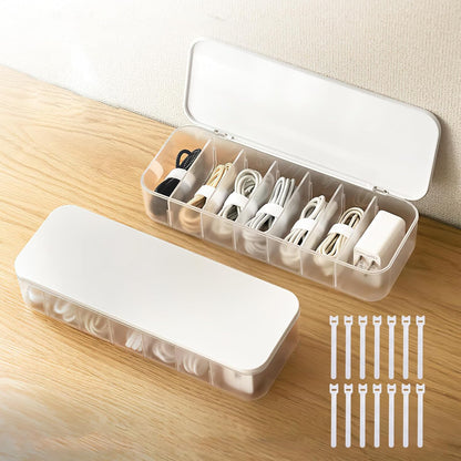 PAVSTINE 2 Pcs Cable Organizer Storage Box with Lid, 14 Wire Ties, White