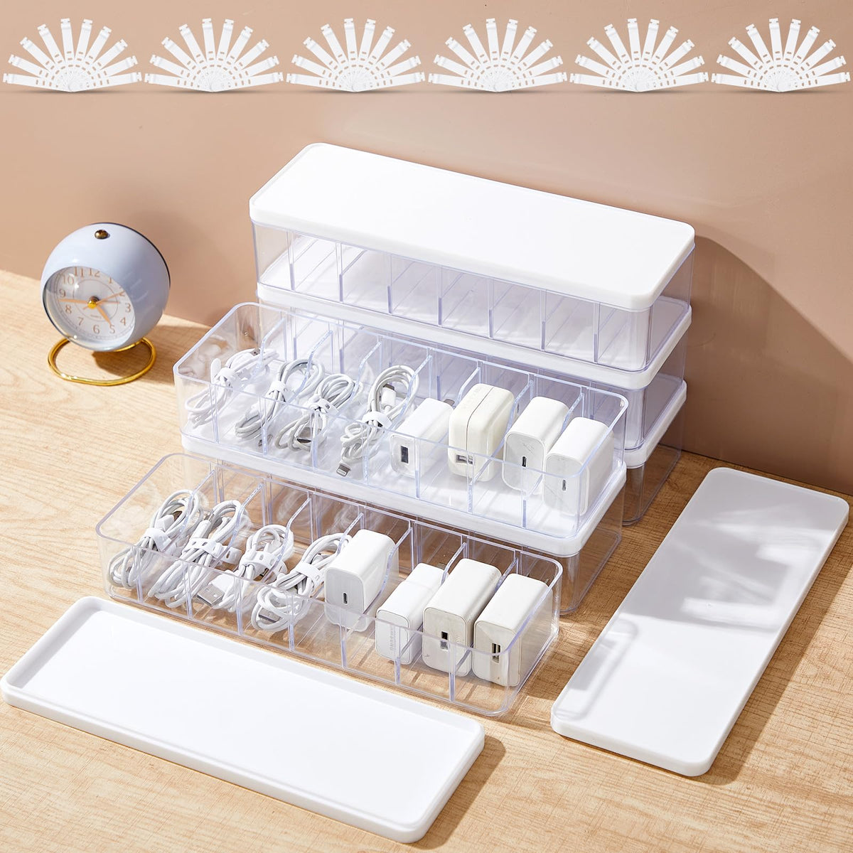 Tatuo Cord Organizer Box with Lid, Clear, 4 Pack