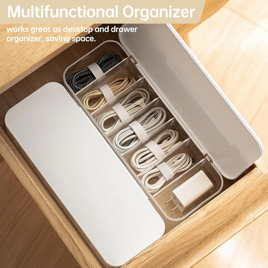 PAVSTINE 2 Pcs Cable Organizer Storage Box with Lid, 14 Wire Ties, White