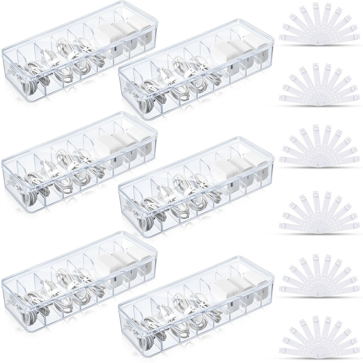 Tatuo Cord Organizer Box with Lid, Clear, 4 Pack