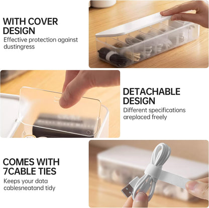 PAVSTINE 2 Pcs Cable Organizer Storage Box with Lid, 14 Wire Ties, White