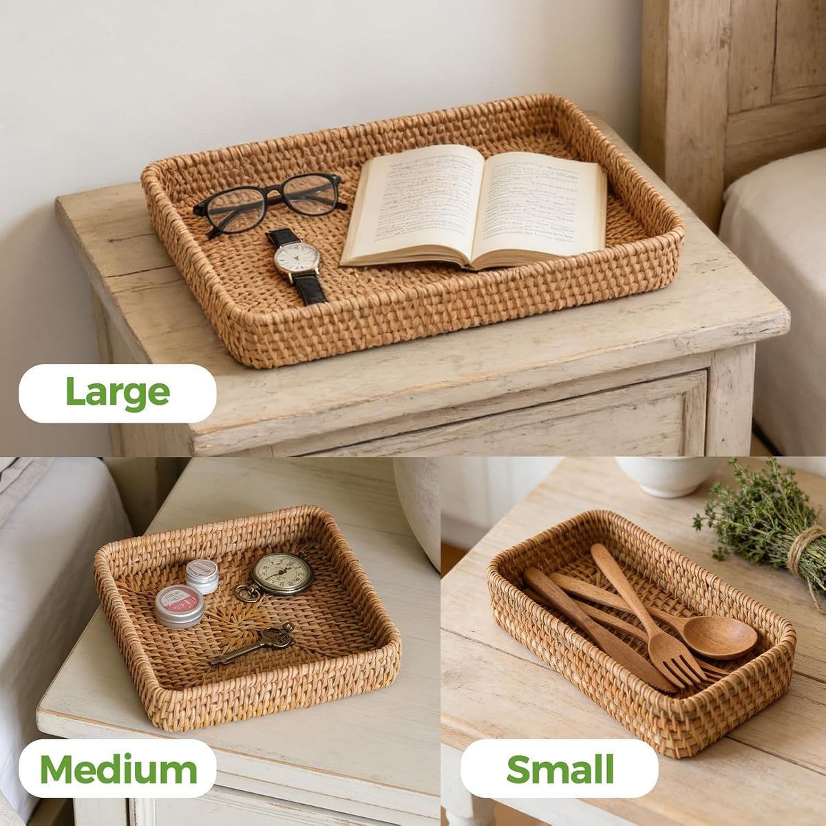 Rattan Serving Tray,Rectangle Wicker Storage Basket Set of 3 for Organizing