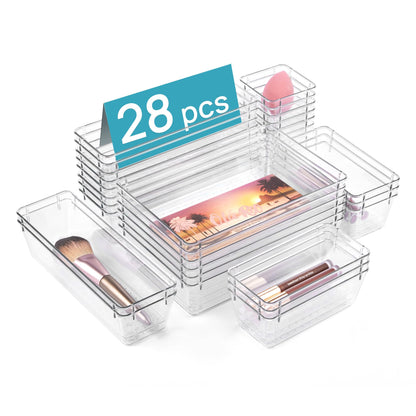 Vtopmart 72 PCS Clear Plastic Drawer Organizers Set, 4-Size Versatile Bathroom and Vanity Organizer Trays, Non-Slip Storage Containers for Makeup, Jewelries, Bedroom，Kitchen Utensils and Office