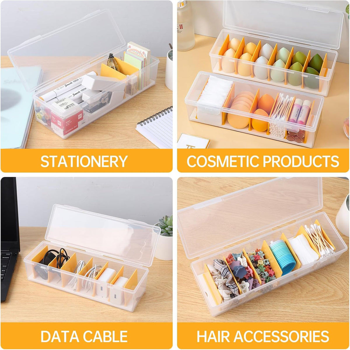 PAVSTINE 2 Pack Clear Cable Organizer Box with Lid and Adjustable Dividers