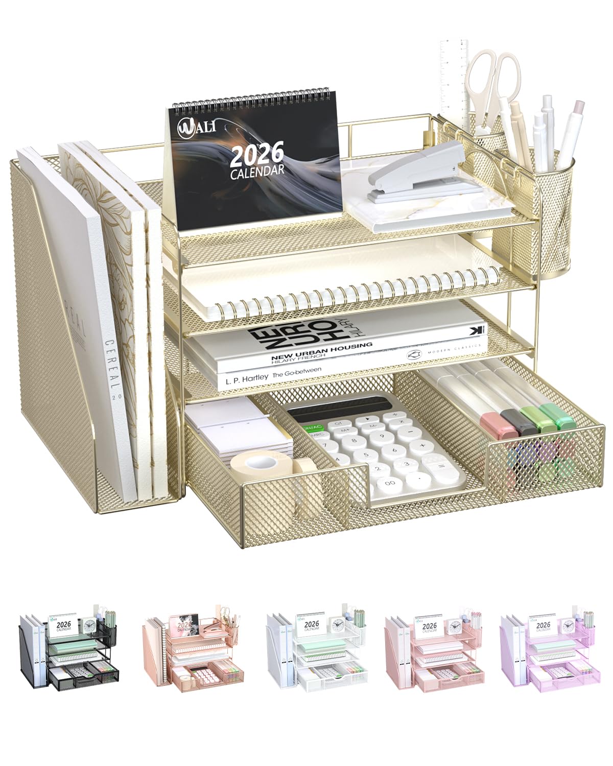 WALI Desk File Organizer, 4 Tier Desktop Paper Letter Tray Organizer with Drawer and 2 Pen Holders, Office Desk Accessories & Workspace Organizers for Office, Home Supplies(DO005DH-B), 1 Pack, Black