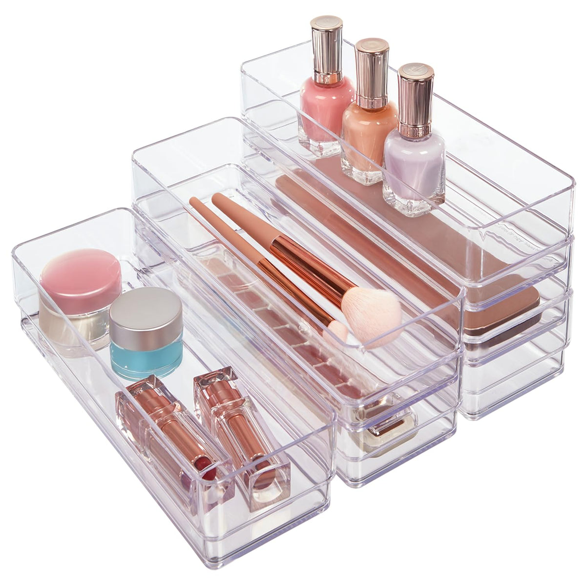 STORi SimpleSort 6-Piece Stackable Clear Drawer Organizer Set | 12" x 3" x 2" Rectangle Trays | Narrow Makeup Vanity Storage Bins and Office Desk Drawer Dividers | Made in USA