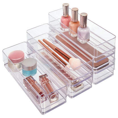 STORi SimpleSort 6-Piece Stackable Clear Drawer Organizer Set | 12" x 3" x 2" Rectangle Trays | Narrow Makeup Vanity Storage Bins and Office Desk Drawer Dividers | Made in USA