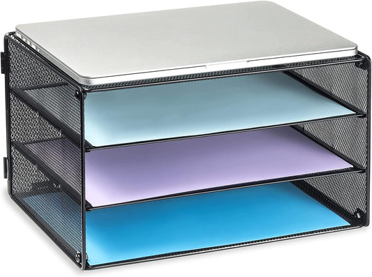 DALTACK 3 Tier Letter Tray Paper Organizer with Sliding Mesh Trays Black