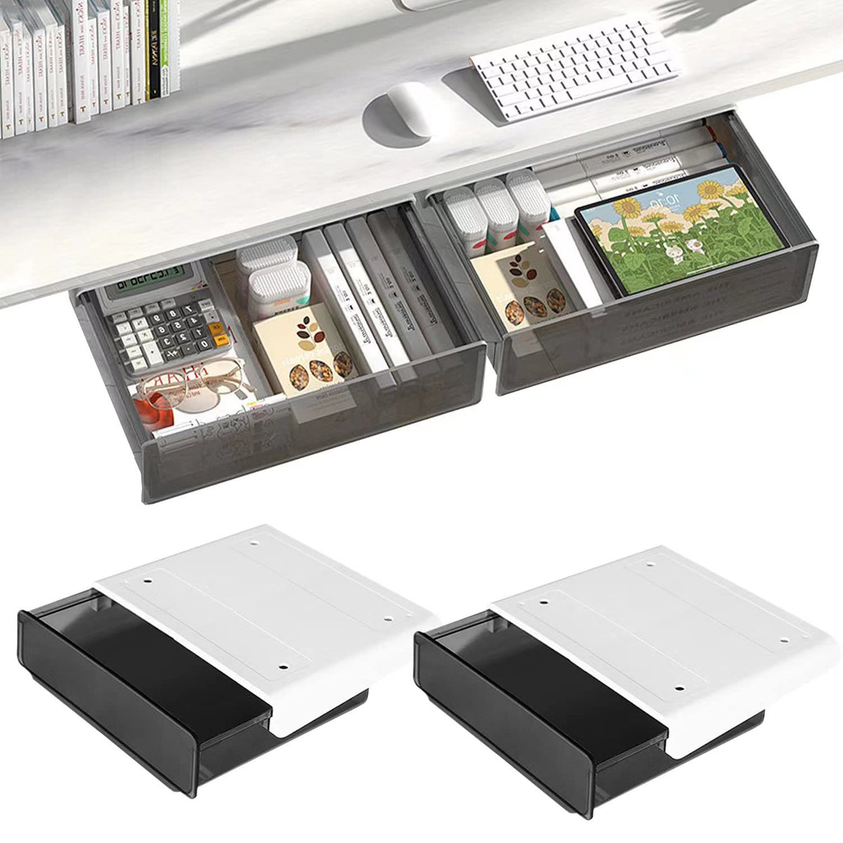 OSPNIEEK Self-adhesive Under Desk Drawer Organizer, 2 Pack Table Hidden Slide Out Large Storage Mounted Desktop Pencil Holder Tray Drawers for Office Home School Stationery Kitchen (White)