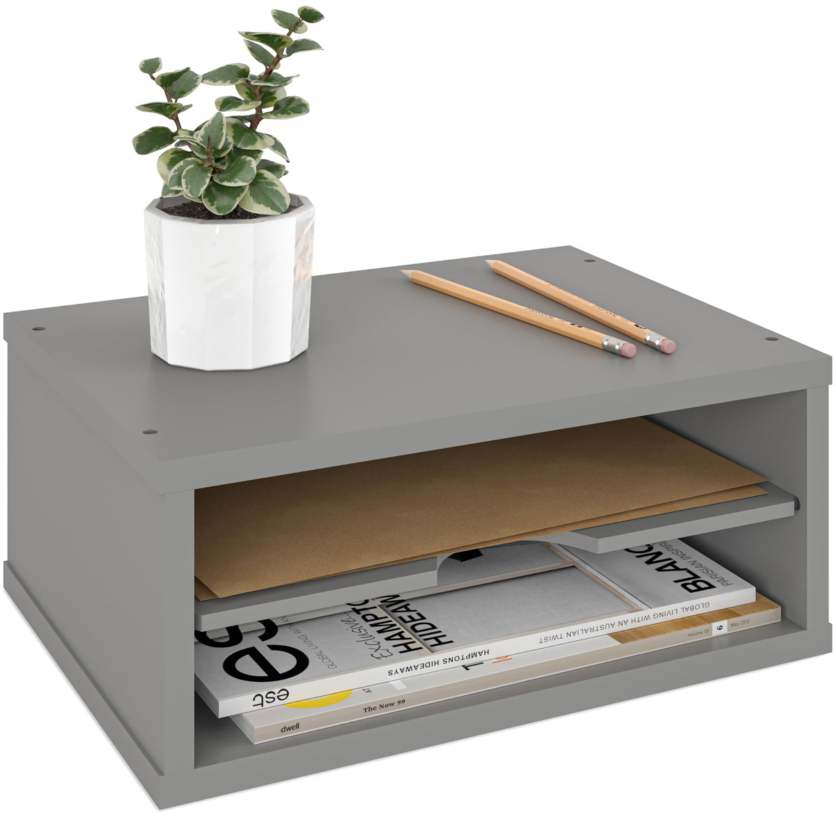Ballucci File Organizer, 2-Tier Document Paper Sorter, Stackable Wood Desk Organizer Mail Holder, Monitor Stand with Storage Shelves, White