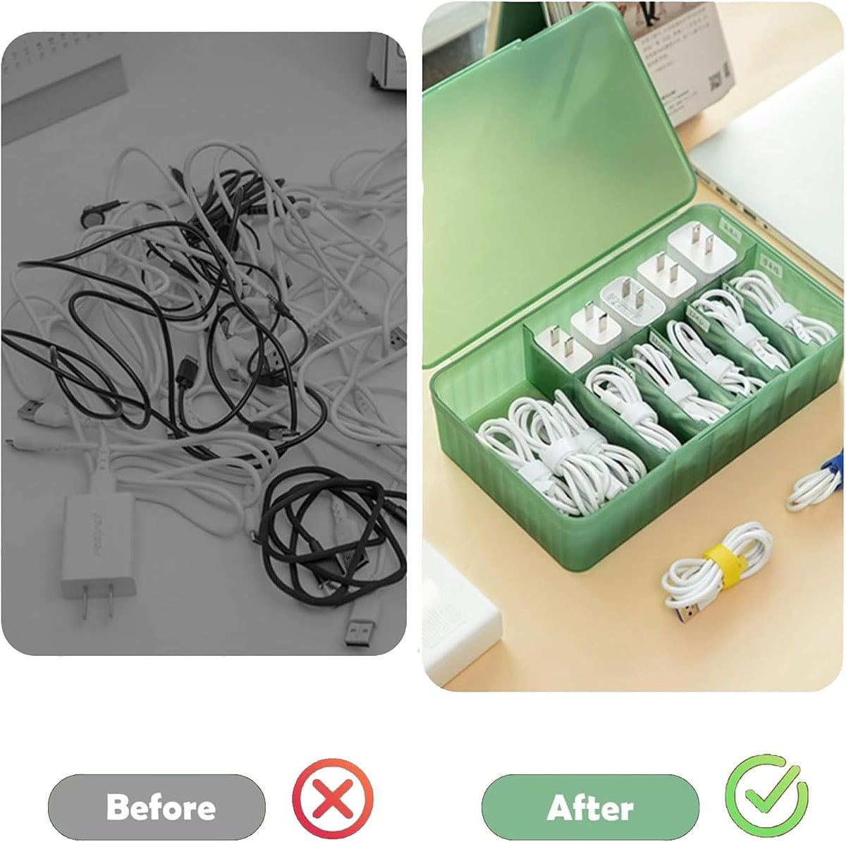 Cable Organizer Box Extra Wide, Travel Charger Cord Earphone Storage Case with Lid (Dark Green)