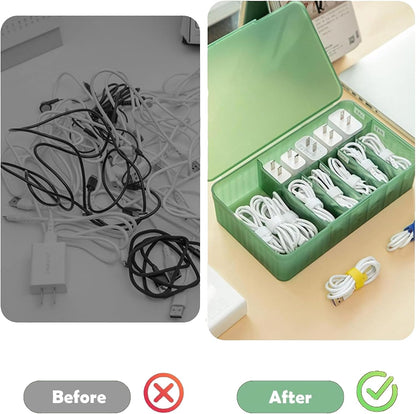 Cable Organizer Box Extra Wide, Travel Charger Cord Earphone Storage Case with Lid (Dark Green)