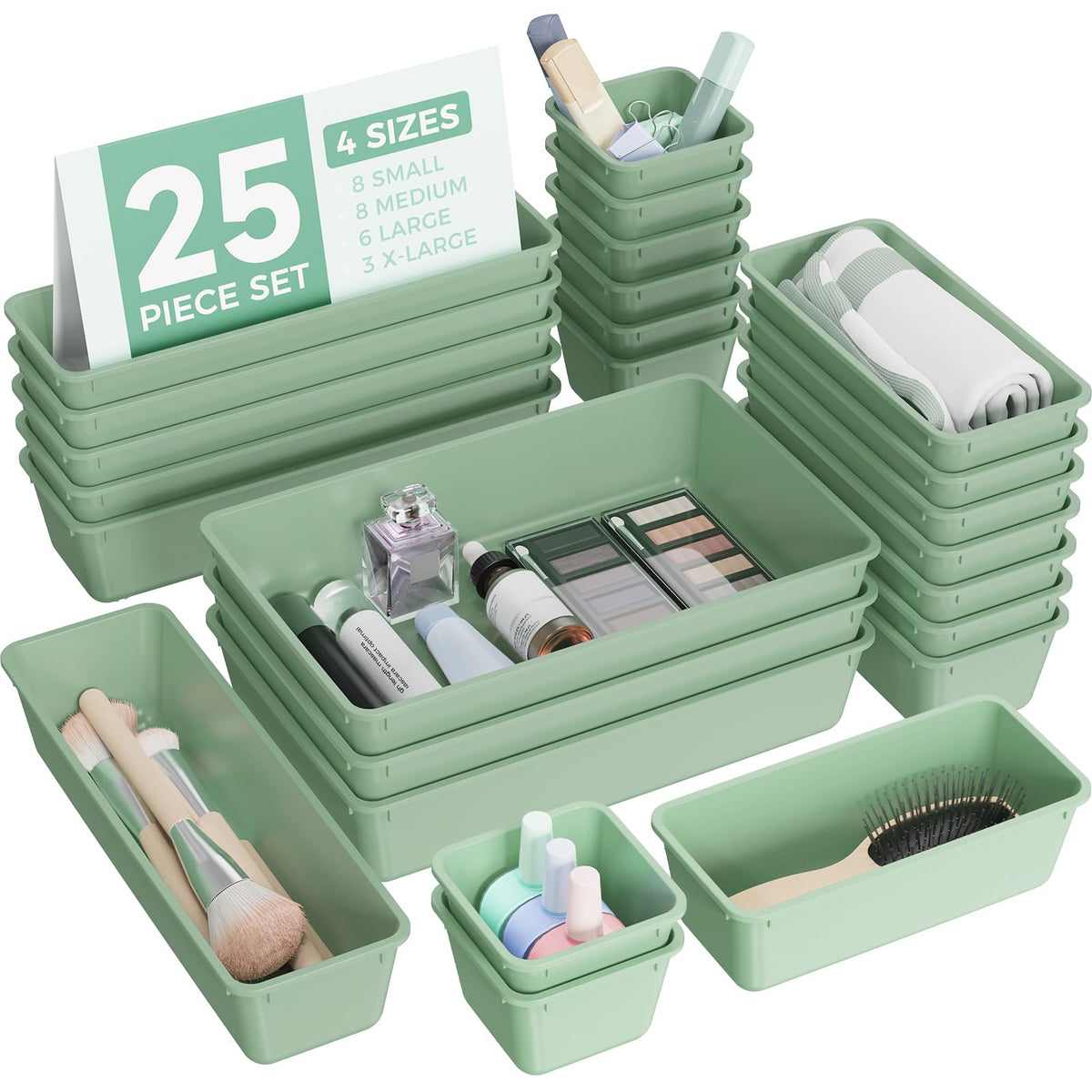 BiuLeon 25 PCS Plastic Drawer Organizers Set, 4-Sizes Vanity and Makeup Organizer, Desk and bathroom Drawer Organizer Trays, Organizers and Storage for Makeup, Jewelry, Gadgets, Utensils (Pink)