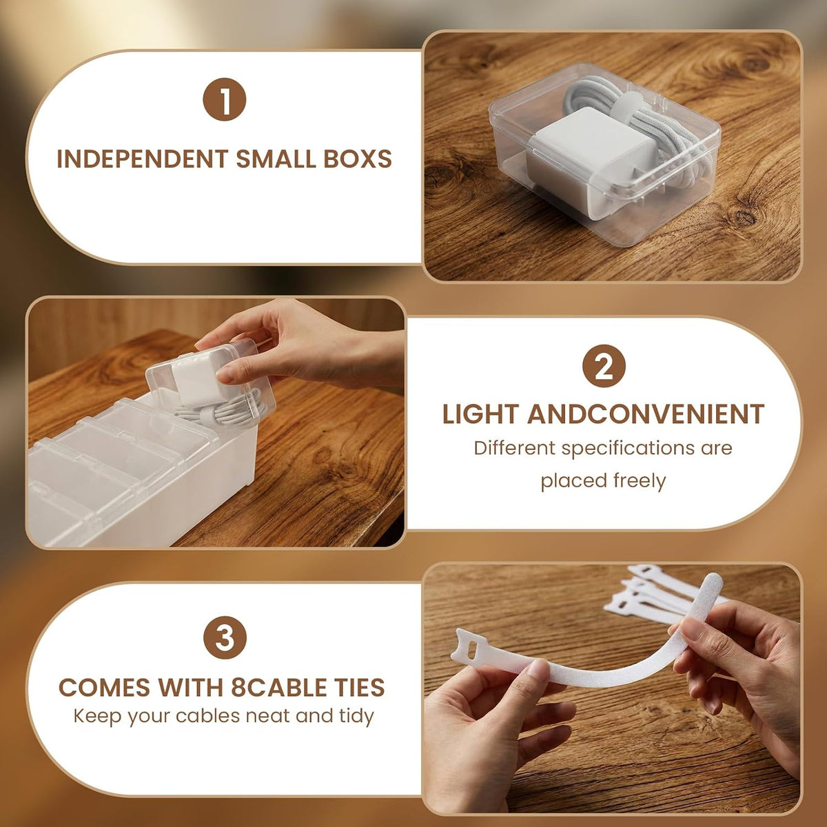 8 Individual Cable Organizer Boxes With Base, Cord Storage Organizer With Labels And Cable Straps For Charging Cables, Adapters, Earphones (8 pcs Individual Cable, 1 Pack)