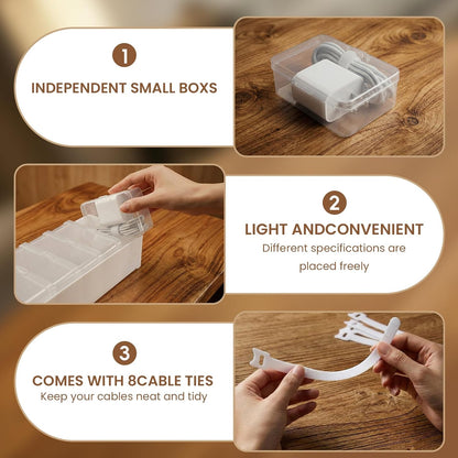 8 Individual Cable Organizer Boxes With Base, Cord Storage Organizer With Labels And Cable Straps For Charging Cables, Adapters, Earphones (8 pcs Individual Cable, 1 Pack)