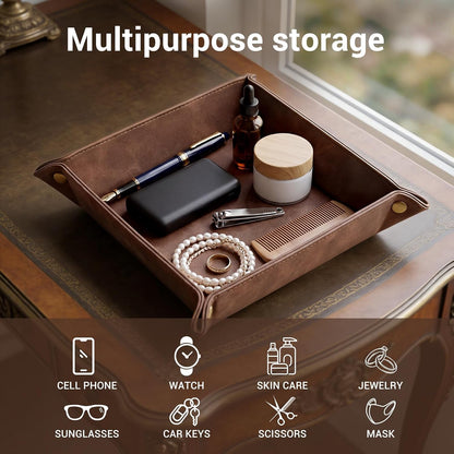 CoBak Leather Valet Tray, PU Leather Catch All Tray for Entryway,Brown