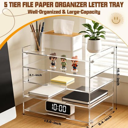 Leffis 5 Tier Large Capacity Acrylic Desk Organizer, Clear Paper Tray