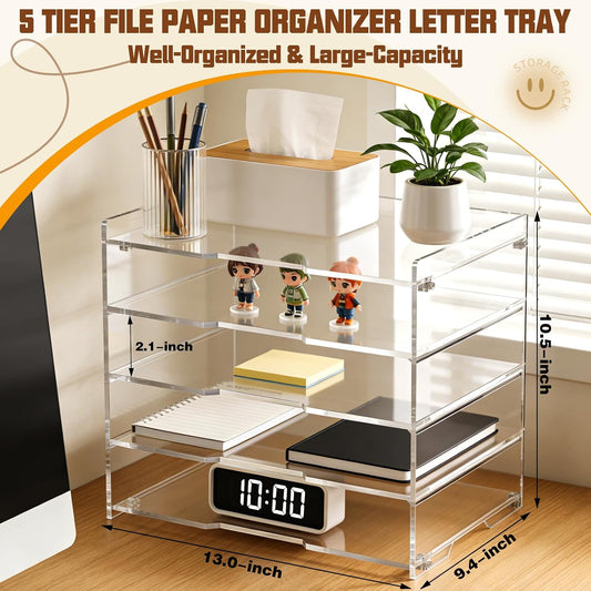 Leffis 5 Tier Large Capacity Acrylic Desk Organizer, Clear Paper Tray