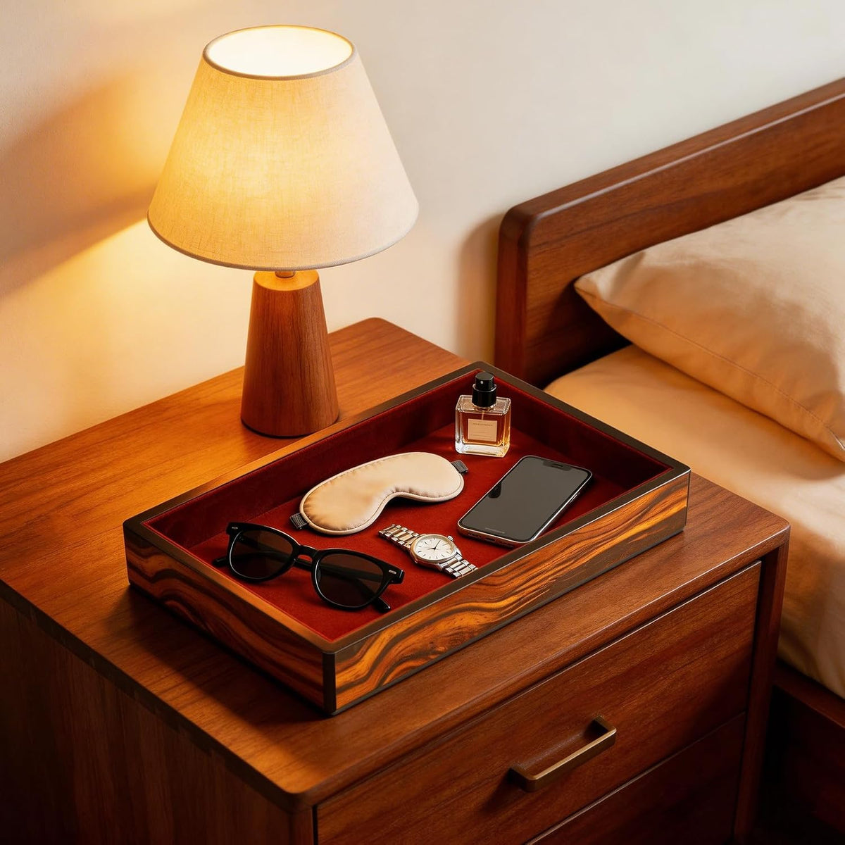 Wooden Valet Tray with Velvet Lining, EDC Desktop Catchall Organizer, Storage Tray for Jewelry, Wallets, Watches, Keys, Glasses, Perfect for Nightstand, Dresser, Entryway Bedside
