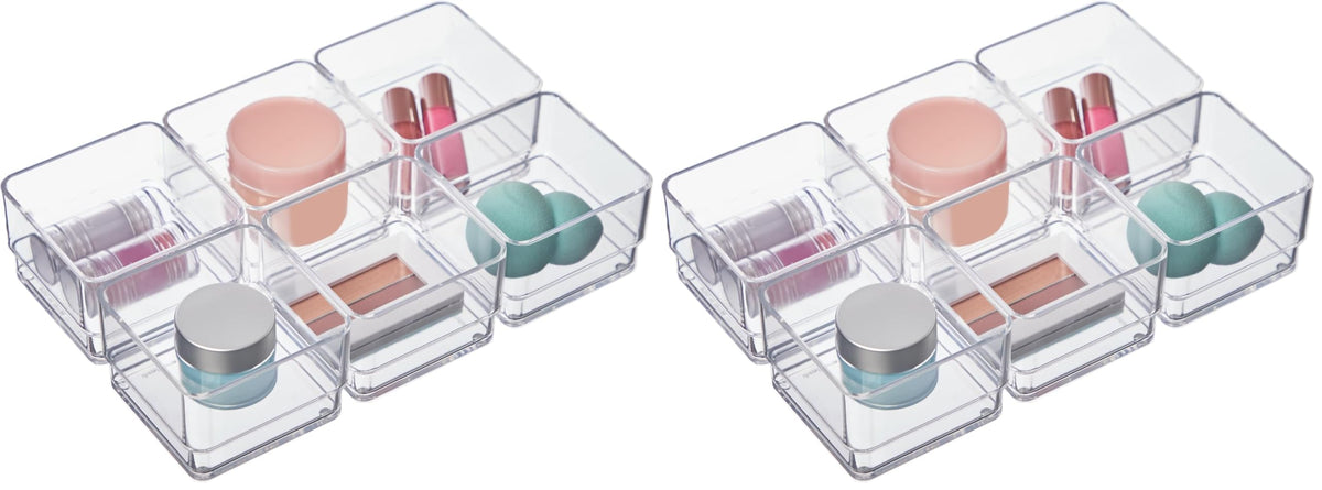 STORi SimpleSort 6-Piece Stackable Clear Drawer Organizer Set | 12" x 3" x 2" Rectangle Trays | Narrow Makeup Vanity Storage Bins and Office Desk Drawer Dividers | Made in USA