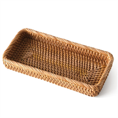 Rattan Serving Tray,Rectangle Wicker Storage Basket Set of 3 for Organizing
