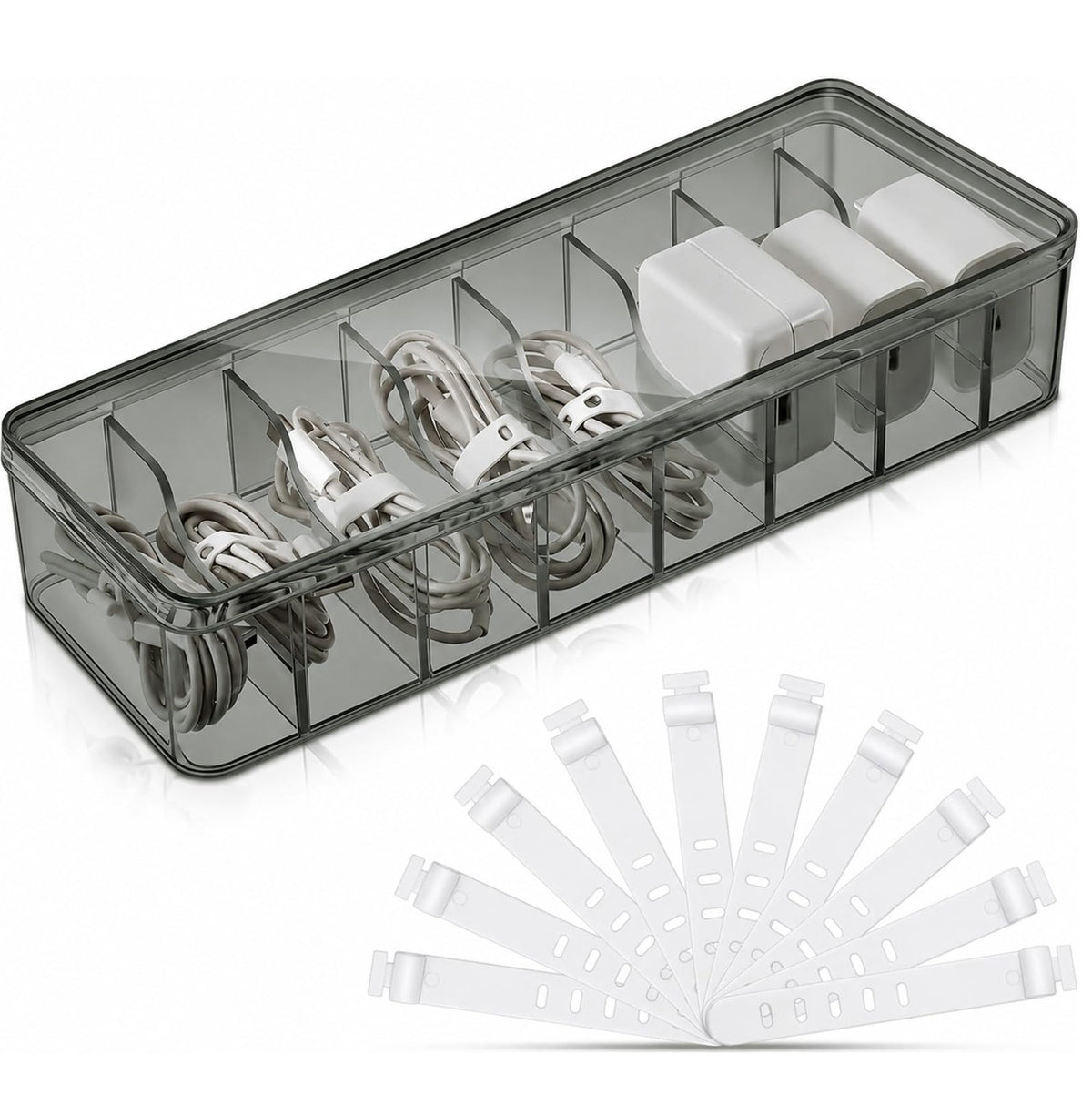 Tatuo Cord Organizer Box with Lid, Clear, 4 Pack