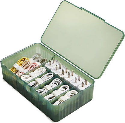 Cable Organizer Box Extra Wide, Travel Charger Cord Earphone Storage Case with Lid (Dark Green)