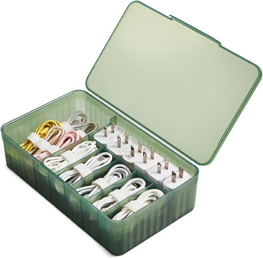 Cable Organizer Box Extra Wide, Travel Charger Cord Earphone Storage Case with Lid (Dark Green)