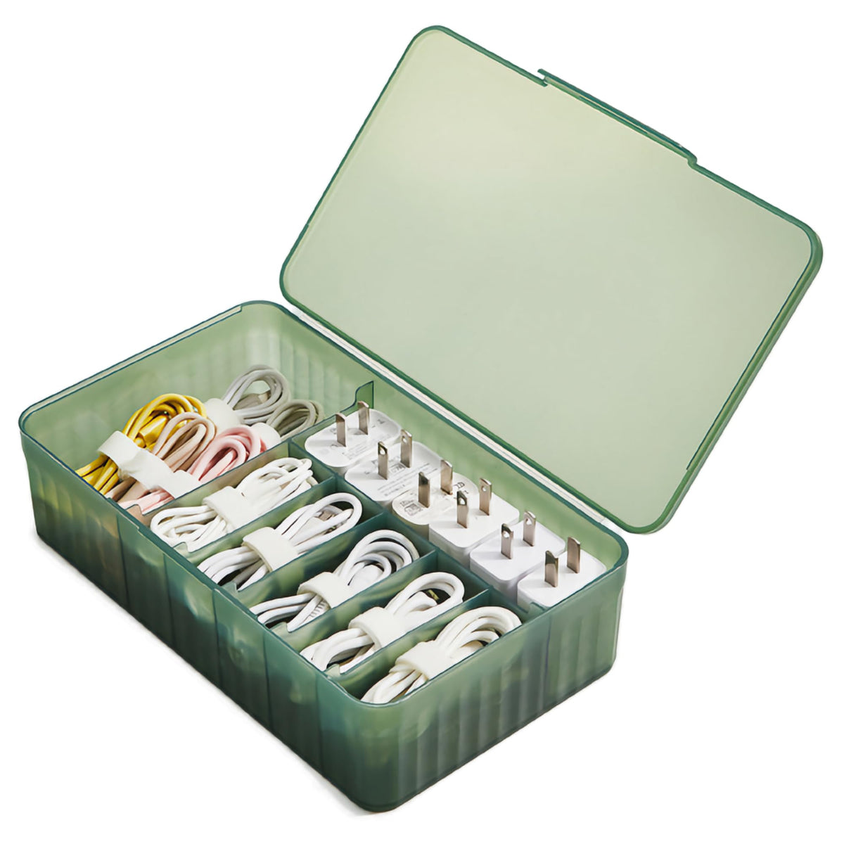 Cable Organizer Box Extra Wide, Travel Charger Cord Earphone Storage Case with Lid (Dark Green)