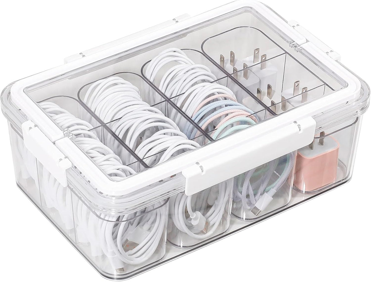 Large Cable Storage Box with Lid and Handle, Clear