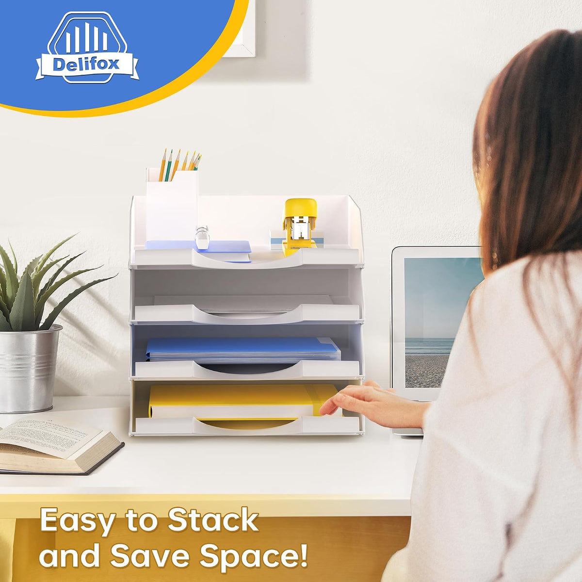 4 Pack Stackable Paper Trays for Letter Documents, Desktop File Organizers for Office Supplies, Stackable Desk Tray Holder for Paper Storage, White
