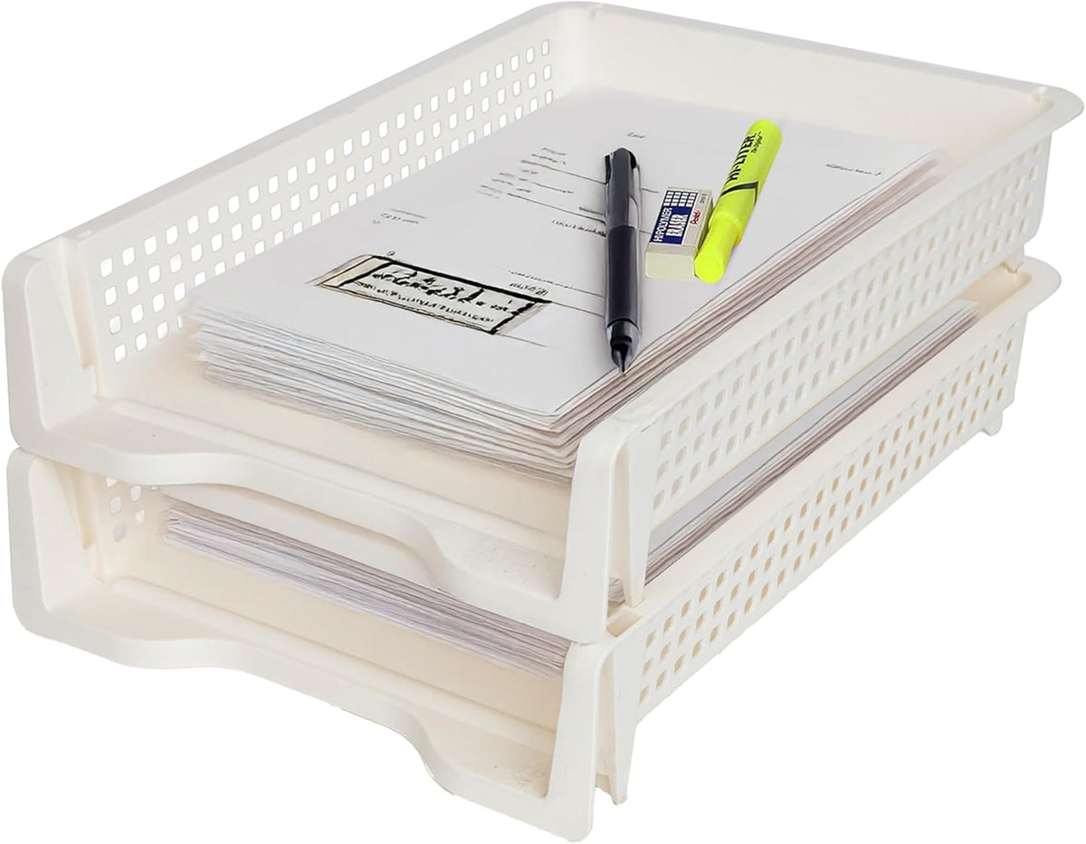 Letter Tray Desk Organizer – Stackable Paper Organizer for Home & Office, Durable Plastic Paper Tray for Desk, A4 & Letter-Size Document Holder (White)