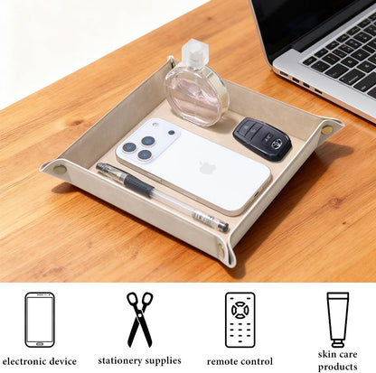 Valet Tray Desktop Storage Organizer – Premium PU Leather Catchall Bedside Vanity Tray Nightstand Caddy Holder for Remote Controller, Keys, Phone, Wallet, Coin, Jewelry,Apricot