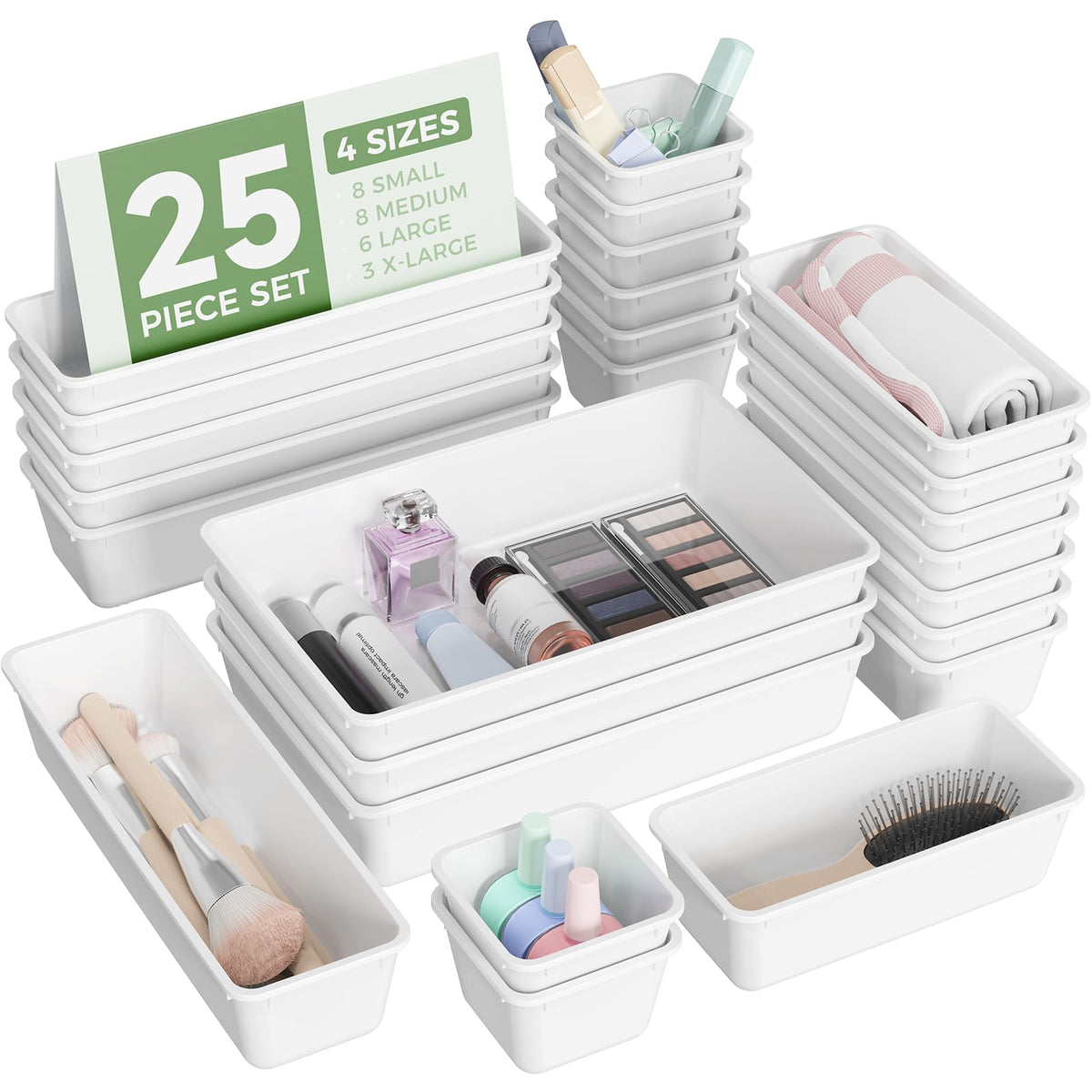 BiuLeon 25 PCS Plastic Drawer Organizers Set, 4-Sizes Vanity and Makeup Organizer, Desk and bathroom Drawer Organizer Trays, Organizers and Storage for Makeup, Jewelry, Gadgets, Utensils (Pink)